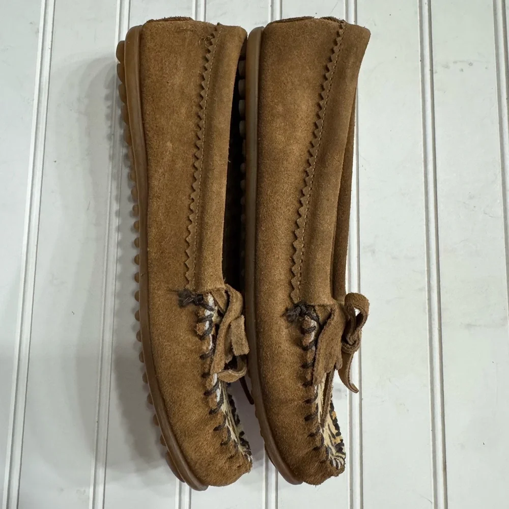 Minnetonka Suede Leather Moccasins Loafers Leopard Calf Hair Fur Shoes Size 7